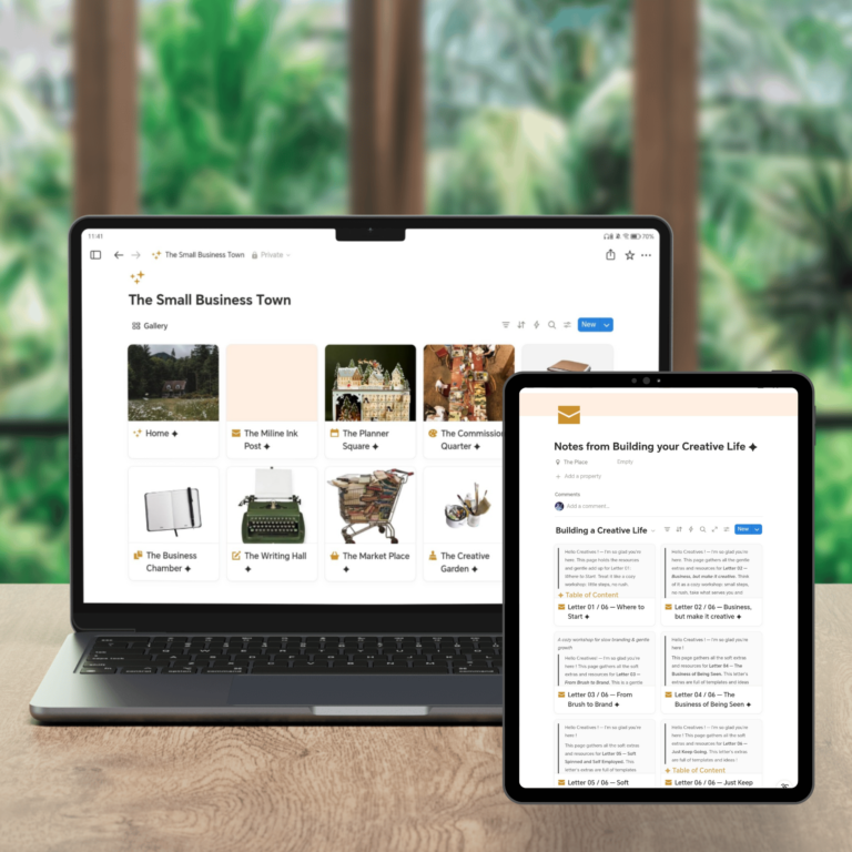 Notion Template to manage and build your creative business with invoices table, project board, inventory and workshops